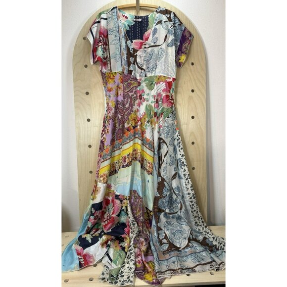 Johnny Was 100% Silk Floral Patch Lagenlook Hippie Boho Maxi Dress Size Large - Picture 5 of 16